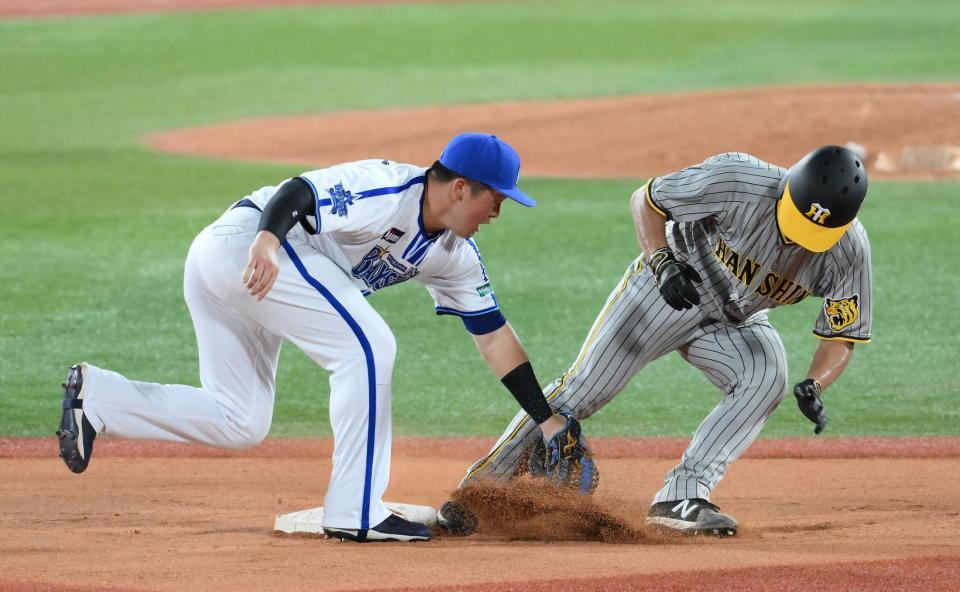 　７回、けん制球で帰塁する伊藤将。左は二塁手・牧（撮影・堀内翔）