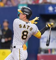 　４回、右翼スタンドへソロを放つ佐藤輝（撮影・立川洋一郎）