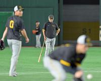 　練習を見守る岡田監督（撮影・立川洋一郎）