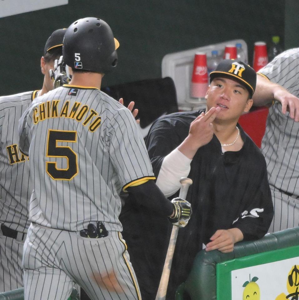 　８回、右越えソロを放った近本（左）を迎える村上（撮影・伊藤笙子）