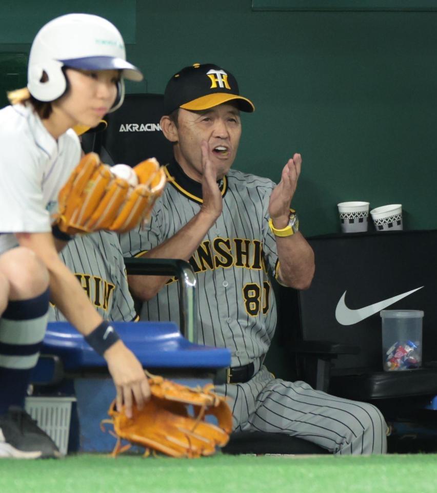 　５回、坂本が四球を選び、拍手する岡田監督（撮影・吉澤敬太）