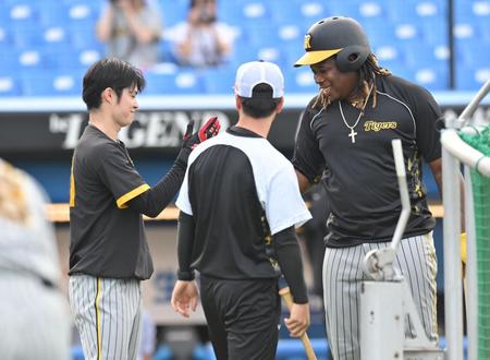 　打撃練習中、タッチを交わす中野（左）とミエセス（撮影・西岡正）