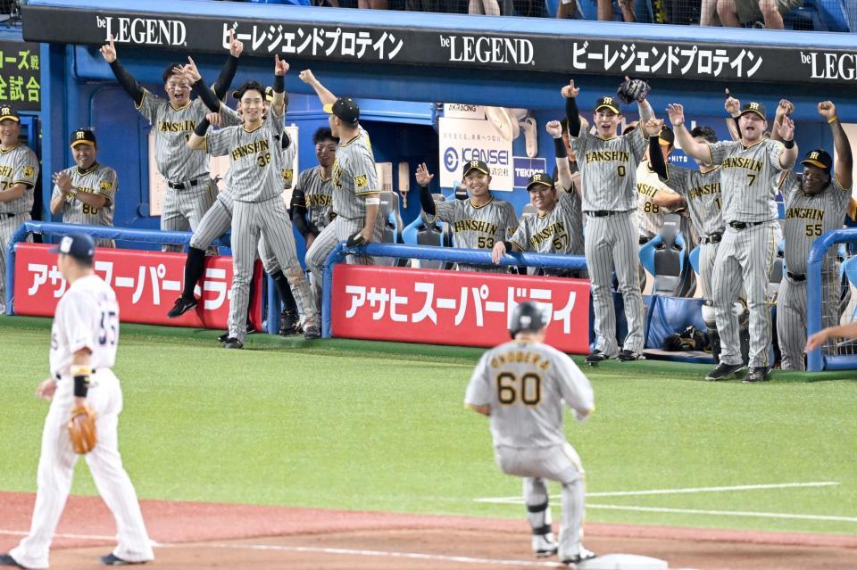 　３回、小野寺（６０）の逆転２点三塁打で盛り上がる阪神ベンチ（撮影・金田祐二）