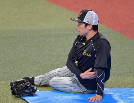 　ストレッチをする近本（撮影・立川洋一郎）