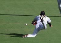 　７回、木浪は田中の飛球にダイブするも捕球できず（撮影・山口登）