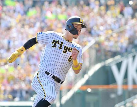 　２回、ノイジーの右前適時打で本塁へ向かう佐藤輝（撮影・立川洋一郎）