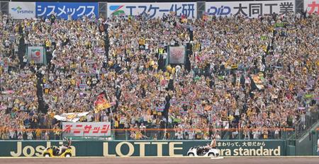 場内一周をする阪神・青柳晃洋（左下）と阪神・佐藤輝明（右下）に大歓声を送るライトスタンドのファン＝甲子園（撮影・中田匡峻）