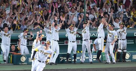 　３回、佐藤輝の満塁弾に歓喜する阪神ナイン