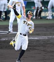 　３回、１９号満塁弾を放ち、ポーズを決める佐藤輝（撮影・飯室逸平）