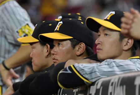 　７回、戦況を見守る門別（中央）。手前は近本（撮影・中田匡峻）