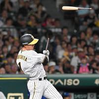 　６回、バットをへし折られ、ファウルを打つ森下（撮影・高部洋祐）