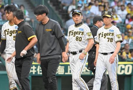 　９回、島田（左端）が頭部死球を受け、心配そうにベンチに戻る岡田監督（８０）＝撮影・高部洋祐