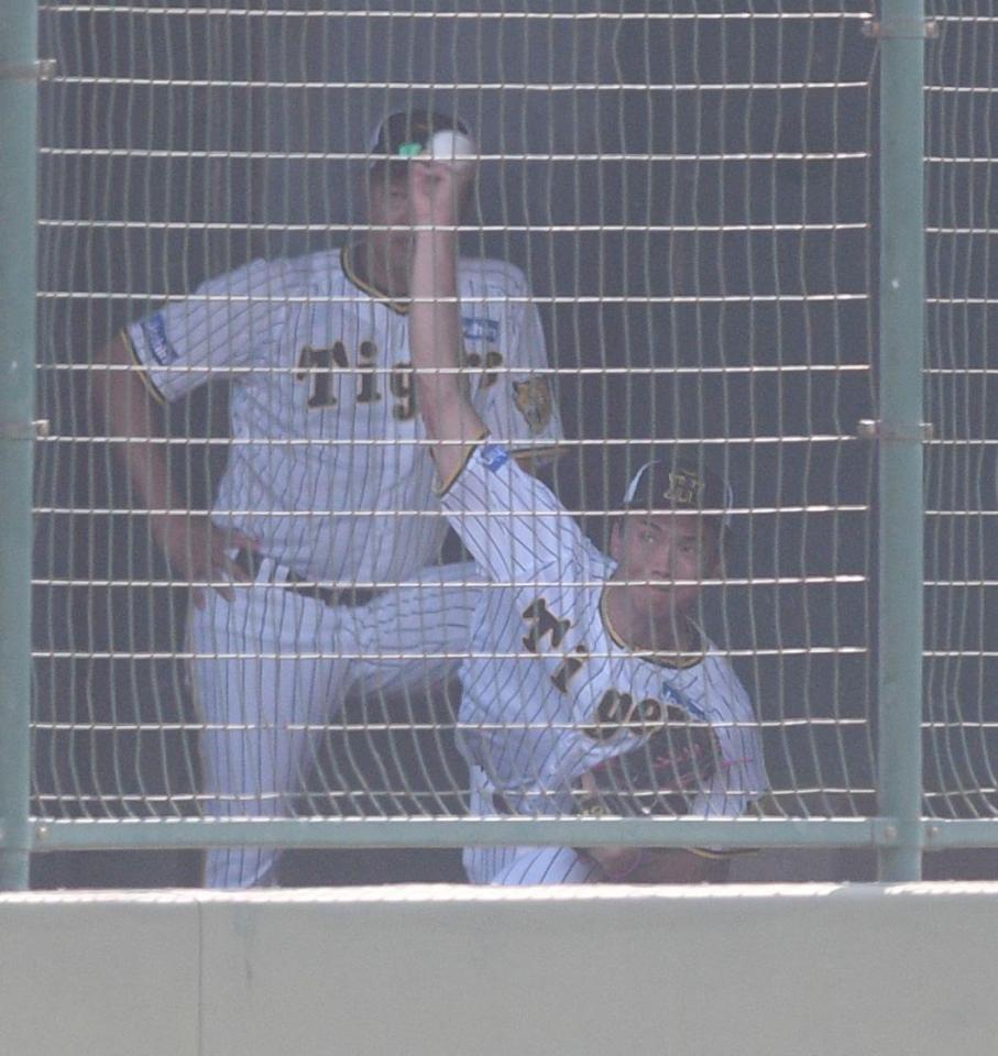 　ブルペンで投球する湯浅（右）＝撮影・石井剣太郎