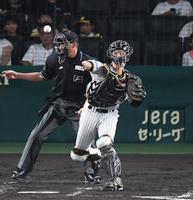 　３回、飛び出した二走の長野を刺しに行く坂本（撮影・中田匡峻）