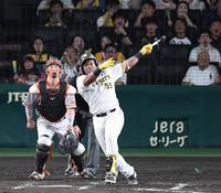 　９回、ソロを放つミエセス（撮影・中田匡峻）