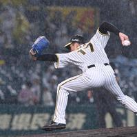 　３回、降りしきる雨の中、力投する先発の青柳（撮影・飯室逸平）