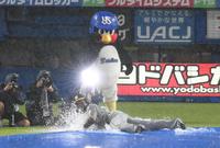 　雨天中止決定後にパフォーマンスでヘッドスライディングを見せるミエセス（撮影・堀内翔）