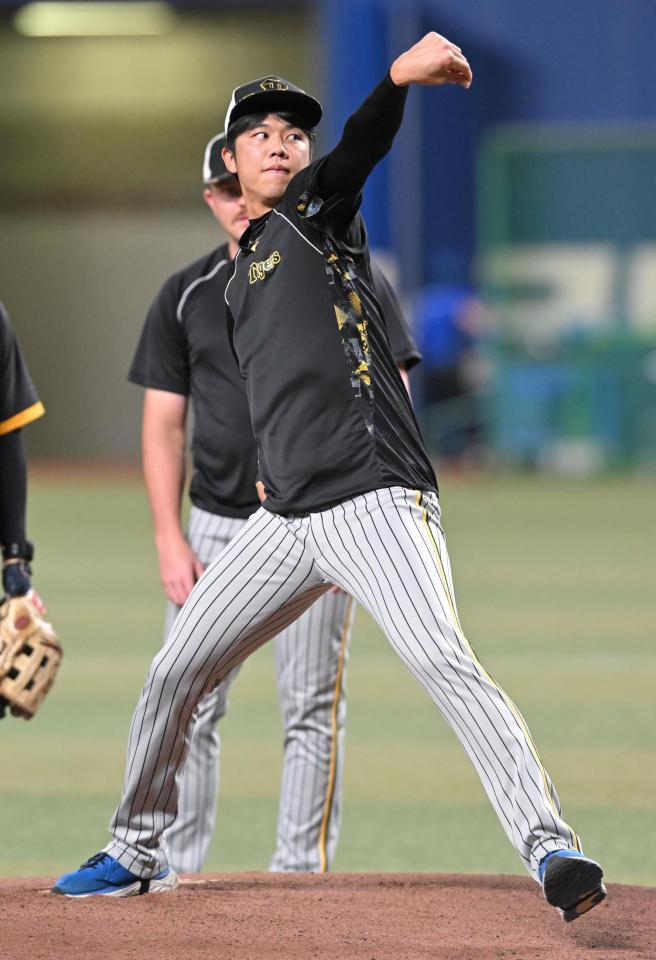 　試合前、マウンドの感触を確かめる才木（撮影・高部洋祐）