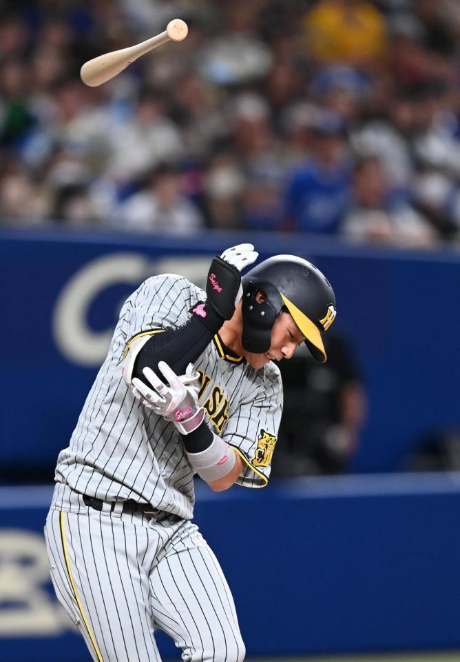 　１１回、死球を受ける木浪（撮影・飯室逸平）