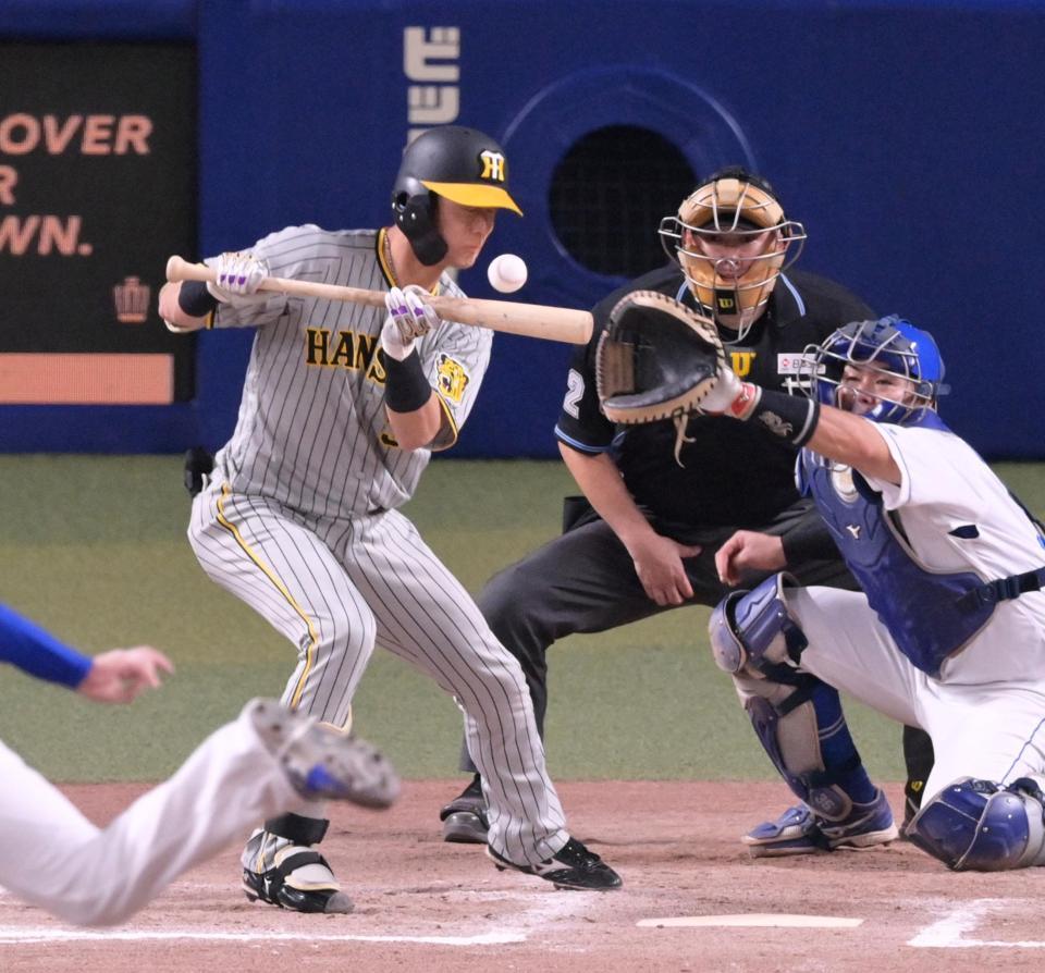 　１１回、顔付近に来た球をよける代打・小幡（撮影・立川洋一郎）