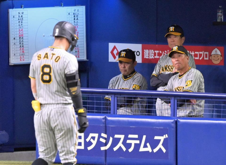 　８回、ベンチで険しい表情を見せる岡田監督（中央）。手前は中飛に倒れた佐藤輝（撮影・立川洋一郎）