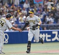 　２回、先制の２２号ソロを放ちダイヤモンドをまわる佐藤輝（撮影・飯室逸平）