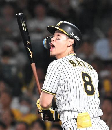 　６回、三飛を打ち上げ悔しがる佐藤輝（撮影・高部洋祐）