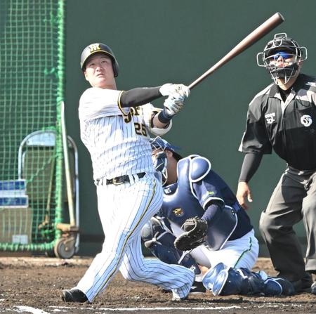 　７回、左越えにソロを放つ渡辺諒（撮影・高部洋祐）