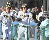 　７回、３ランを放ち、ナインとタッチを交わす森下（中央）＝撮影・高部洋祐
