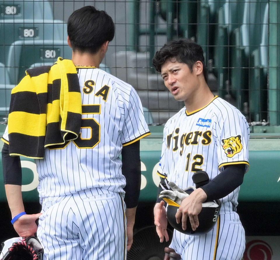 　シート打撃登板を終えた湯浅（左）と話をする坂本（撮影・立川洋一郎）
