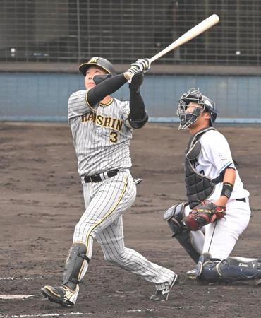 　４回、左越えに同点ソロを放つ大山（撮影・高部洋祐）