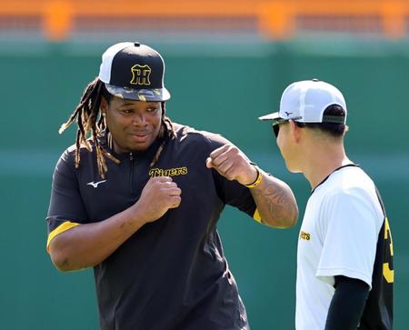 　糸原にファイティングポーズを取るミエセス（左）＝撮影・山口登