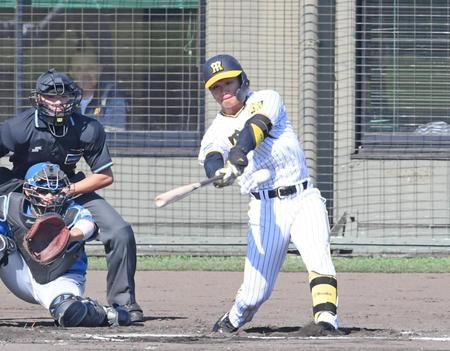 　６回、岡田監督（後方）の前で左前に同点適時打を放つ森下（撮影・中田匡峻）