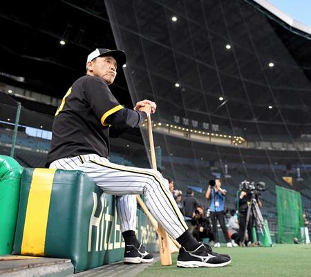 　ベンチ前に腰をかけ、練習を見守る岡田監督（撮影・高部洋祐）