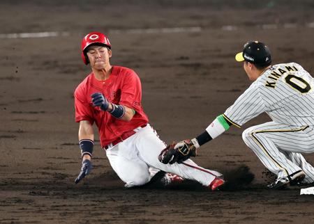 　３回、野間は盗塁を狙うもアウトになる（撮影・山口登）