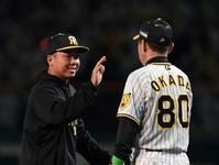 　岡田監督（右）とタッチを交わす村上（撮影・中田匡峻）