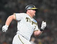 　２回、同点となる右前打を放ち駆け出すノイジー（撮影・高部洋祐）