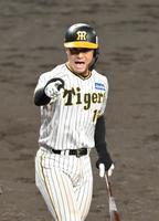 ９回裏阪神２死一、二塁、四球を選び阪神・木浪聖也を指さして声を上げる阪神・坂本誠志郎＝甲子園（撮影・立川洋一郎）
