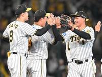 　日本シリーズ進出を決め、佐藤輝（左）とタッチを交わす森下（撮影・高部洋祐）