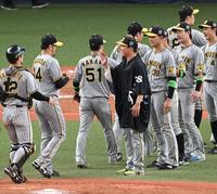 　笑顔でナインを迎える村上（撮影・金田祐二）