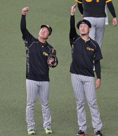 　練習中にドームの天井を見上げて話をする村上（左）と岩貞（撮影・立川洋一郎）