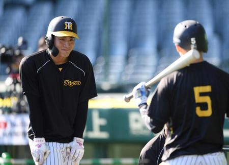 　近本（右）の打撃練習を見つめる木浪（撮影・中田匡峻）