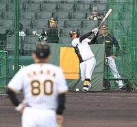 　岡田監督の見守る中、打撃練習する森下