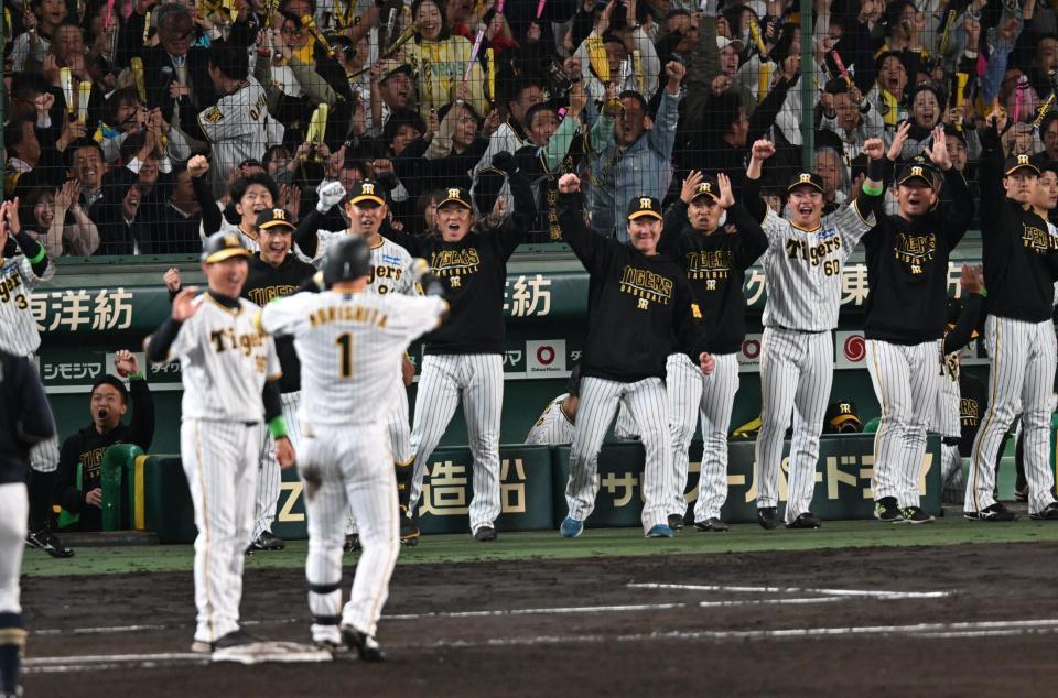 　７回、森下の右前２点適時打で喜ぶ阪神ベンチ（撮影・金田祐二）