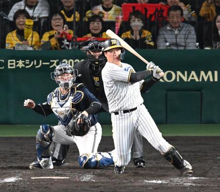 　９回、サヨナラ打を放つ大山（撮影・金田祐二）