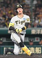 　３回、空振り三振に倒れる佐藤輝（撮影・高部洋祐）