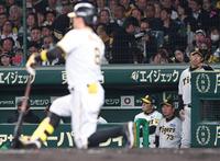 　３回、空振り三振をした佐藤輝（手前）を前に厳しい表情の（右から）今岡打撃コーチ、水口打撃コーチ、岡田監督（撮影・中田匡峻）