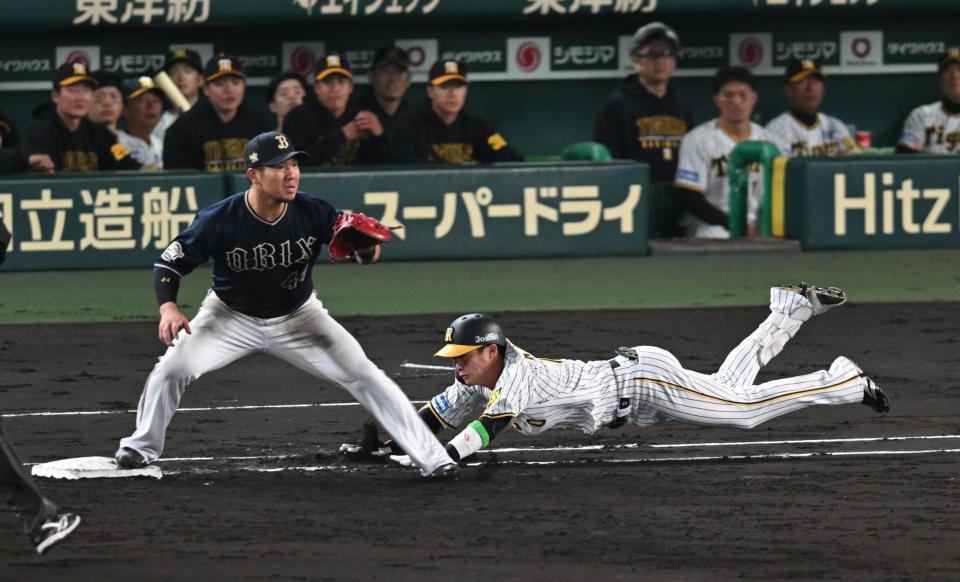 　２回、セカンドへの打球でヘッドスライディングする木浪（撮影・金田祐二）