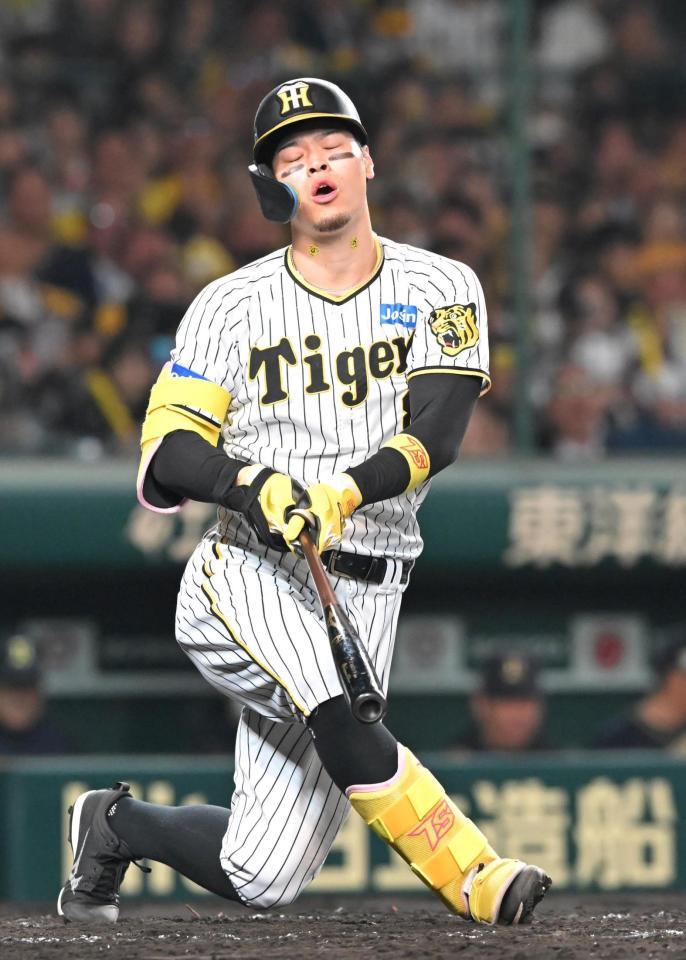 　３回、空振り三振に倒れる佐藤輝（撮影・高部洋祐）