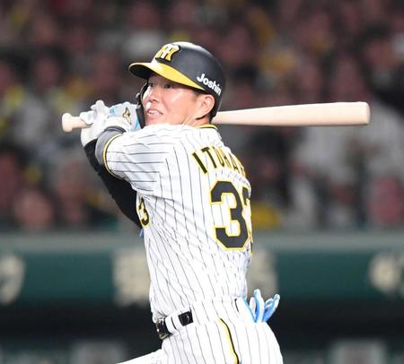 　８回、左前打を放つ糸原（撮影・中田匡峻）